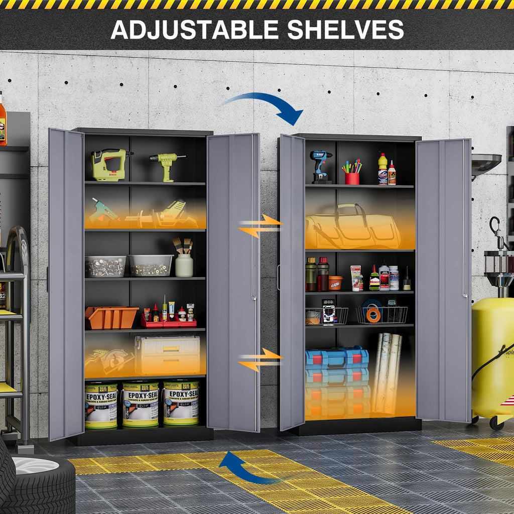 Fesbos Metal Storage Cabinet-72' Tall Steel File Cabinets with Lockable Doors and 5 Adjustable Shelves-Black&Gray Steel Storage Cabinet for Home, School, Office, Garage