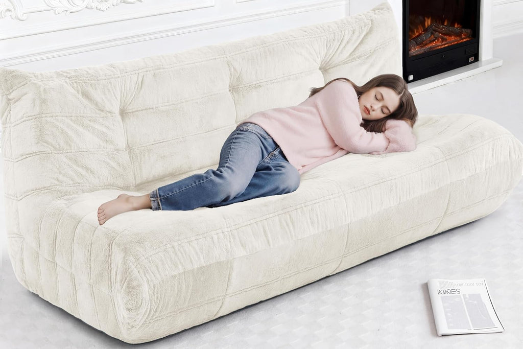 Bean Bag 3-Seater Chair Big Sofa Beanbag Chair for Adults Fireside Chair Bean Bag Lounger with Memory Foam Filled for Home,Apartment or Gaming Venue（Beige Plush）
