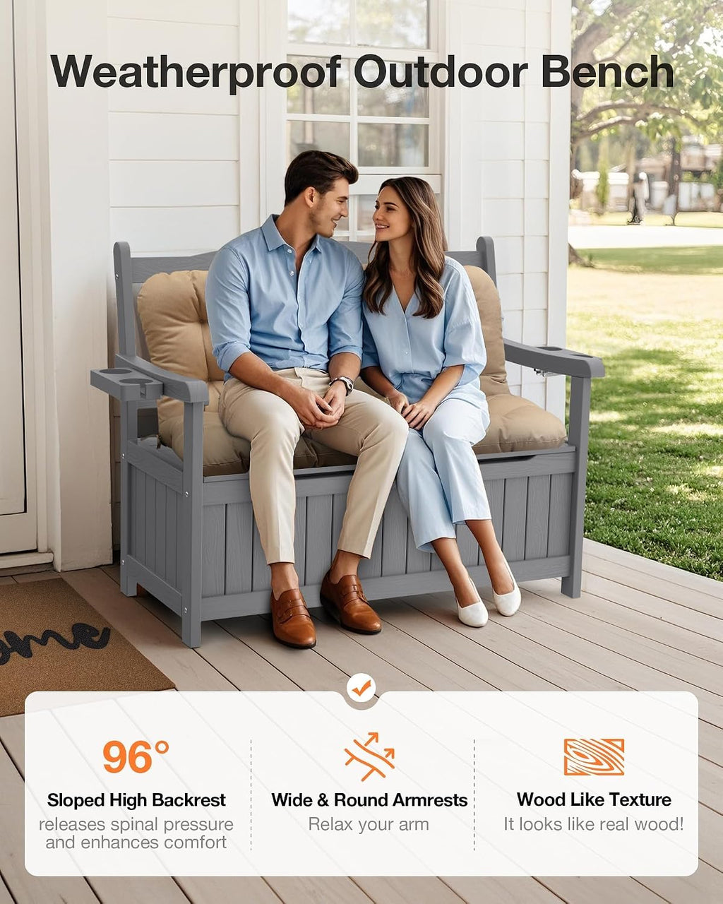 YEFU Outdoor Storage Bench for Patio: Heavy Duty Garden Bench with 96° High Backrest & Oversized Seating - Weatherproof HIPS Patio Benches with Storage for Porch Backyard Park Room, Grey