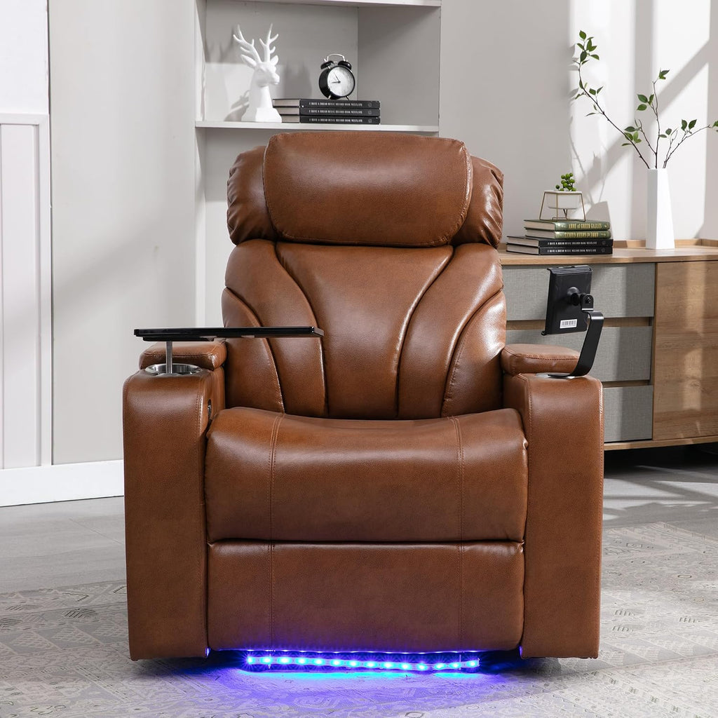 P PURLOVE Power Motion Recliner Chair for Home, PU Electric Recliner with Swivel Tray Table USB Charging Port and Hidden Arm Storage, Home Theater Seating with Cup Holder Design, Light Brown