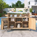 Outdoor Grill Cart with Storage, Farmhouse Outdoor Storage Cabinet with Stainless Steel Top, Wood Bar Patio Kitchen Island with Spice Rack, Towel Holder, Hooks & Locking Wheels for Patio BBQ(Wood)