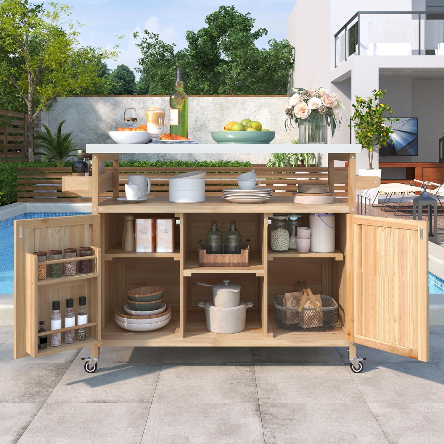 Outdoor Grill Cart with Storage, Farmhouse Outdoor Storage Cabinet with Stainless Steel Top, Wood Bar Patio Kitchen Island with Spice Rack, Towel Holder, Hooks & Locking Wheels for Patio BBQ(Wood)