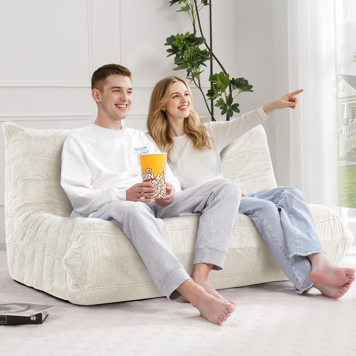 Bean Bag Loveseat Chair Big Sofa Beanbag Chair for Adults Fireside Chair Bean Bag Lounger with Memory Foam Filled for Home,Apartment or Gaming Venue（Beige Plush）