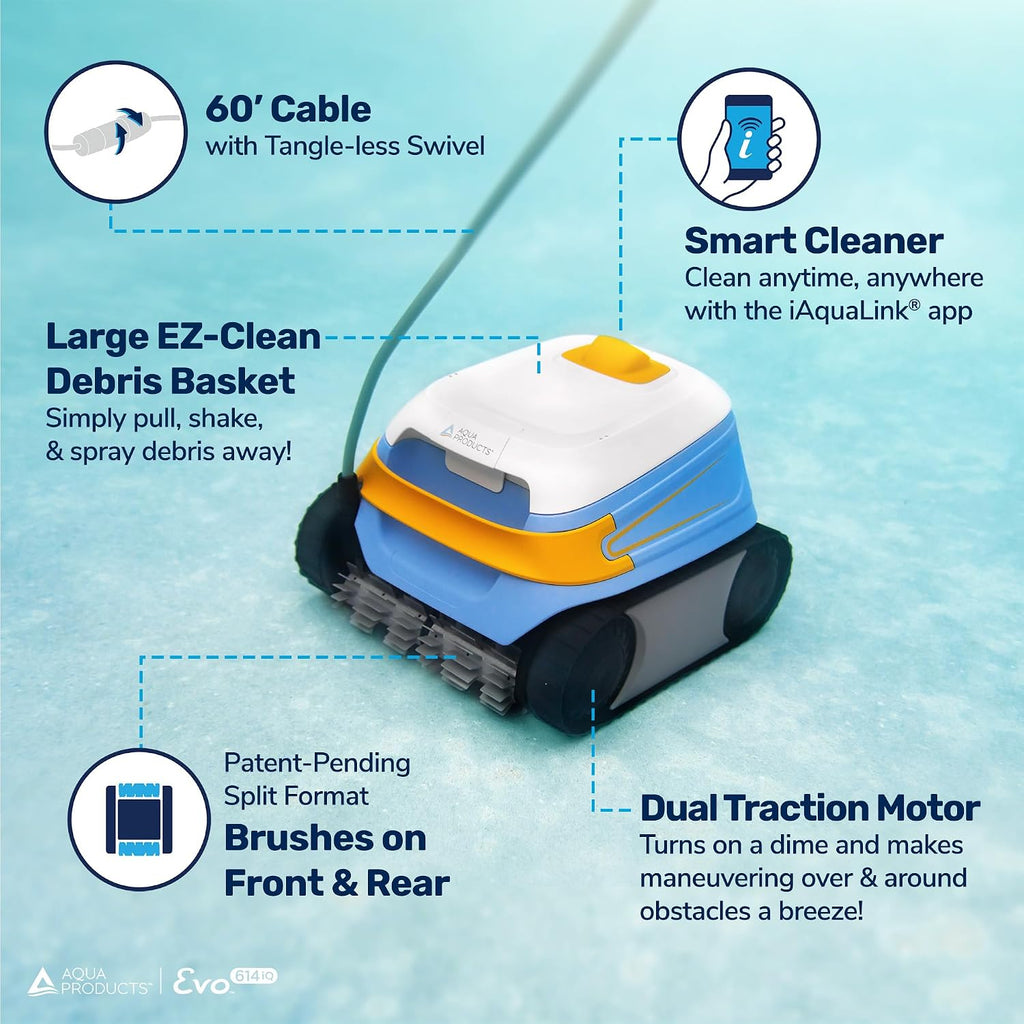 Aqua Products Evo614iQ Robotic Pool Cleaner, Automatic Vacuum for Inground Pools with 60ft Swivel Cable, Smart App, WiFi, Wall Climbing Vac w/Strong Suction & Easy to Clean Top Loading Filter