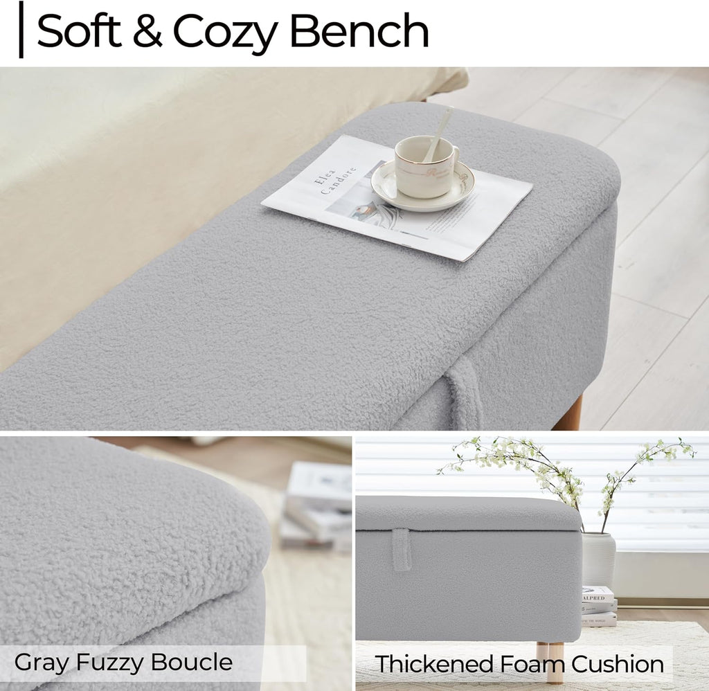 Boucle Storage Ottoman Bench for Bedroom end of Bed, Sherpa Upholstered Shoe Seat Storage Bench for Entryway Bed Foot, Rectangle Cushion Padded Blanket Chest Cute for Living Room, Grey