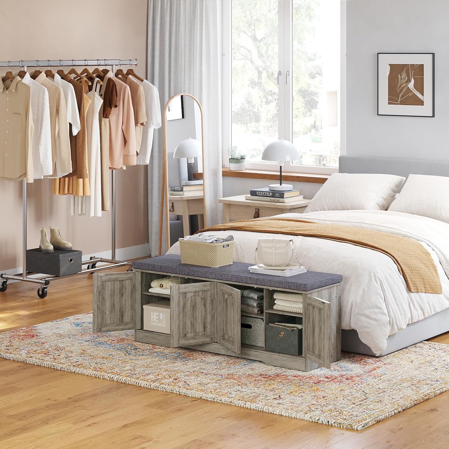 DINZI LVJ Shoe Bench, Entryway Storage Bench with Doors, Cushion, 2-Tier Shoe Rack with 8-Cubby, 47.2'L x 13.8'W Shoe Organizer Cabinet, Adjustable Shelf, Living Room, Bedroom, Gray Wash