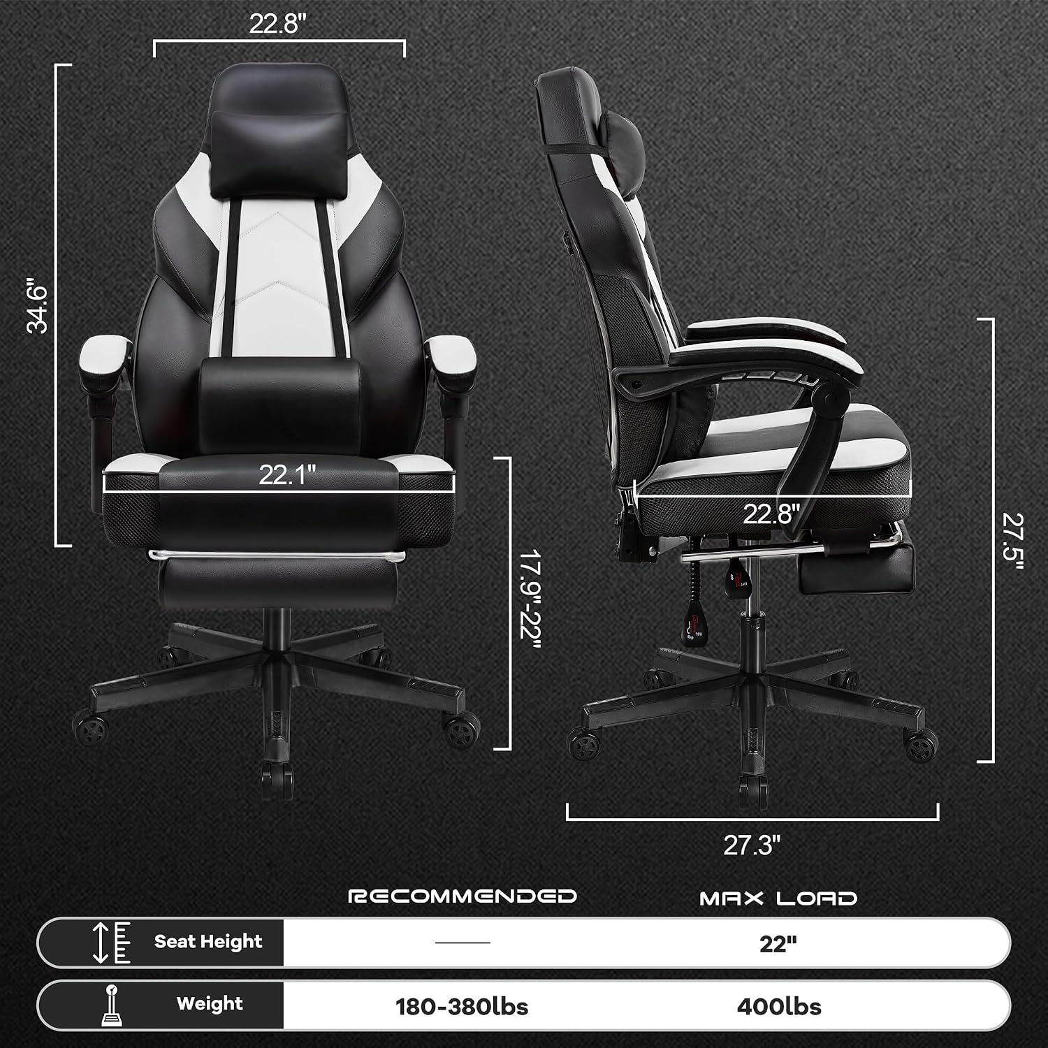 Gaming Chair for Adults, Gaming Chairs with Footrest, Ergonomic Video Game Chair with Massage Lumbar Big and Tall Computer Chair, Height Adjustable with Headrest and 360° Swivel Seat, White