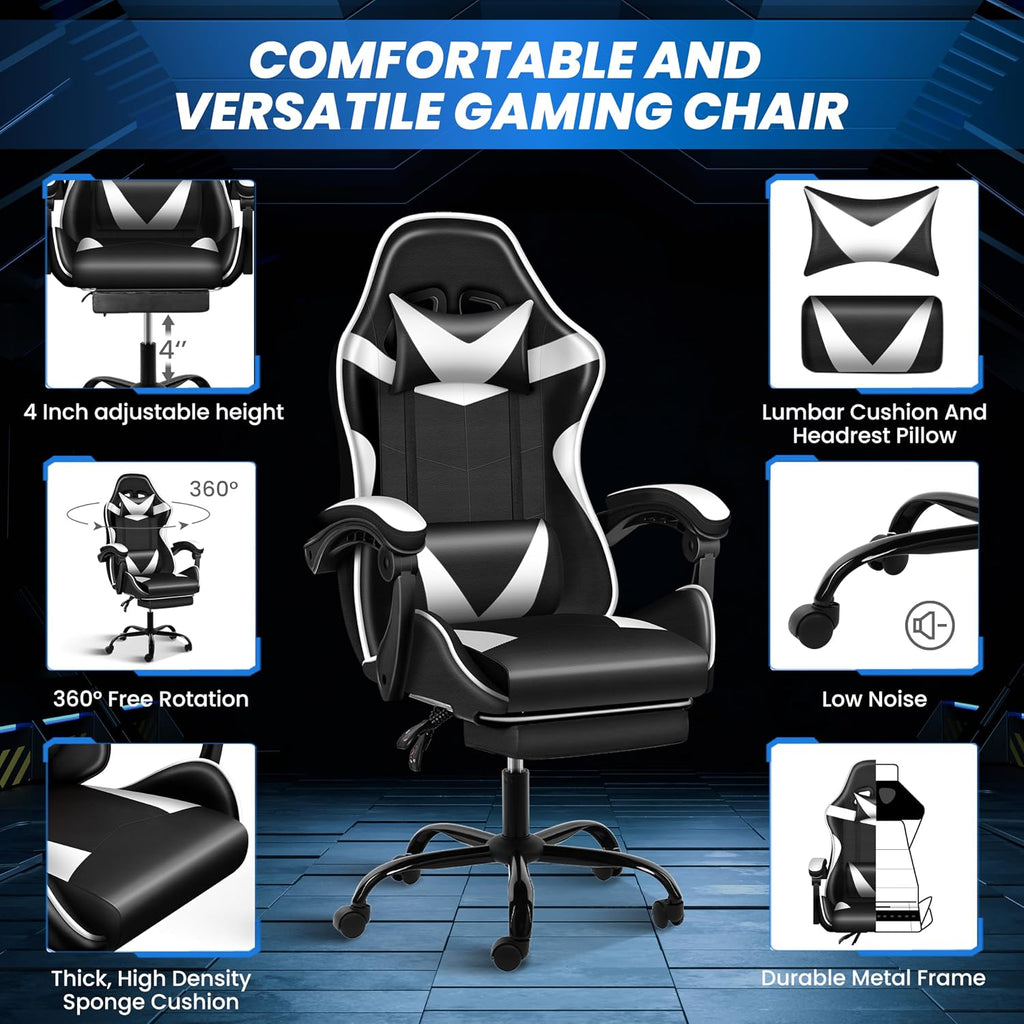 YSSOA Gaming Chair, Computer Chair with Footrest, Height Adjustable & 90°-135° Tilt Function, Swivel Recliner Ergonomic Racing Style Video Game Chair with Lumbar Support (Black/White)