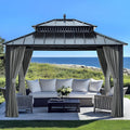 SUNJOY Kingston 12' x 10' Hardtop Gazebo with Galvanized Steel Double Roof, Curtain and Netting, Gray Aluminum Posts Permanent Pavilion Gazebo for Garden, Patio, Deck, Lawn
