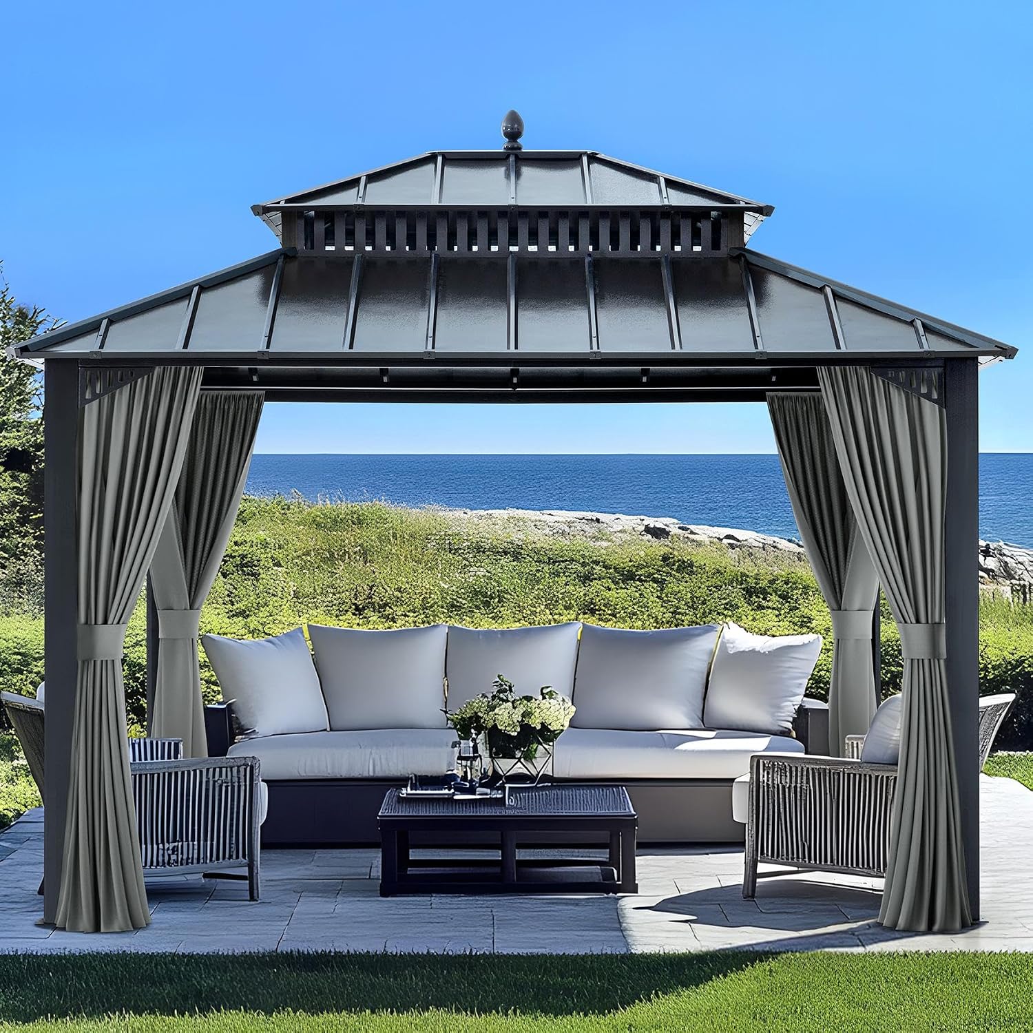 SUNJOY Kingston 12' x 10' Hardtop Gazebo with Galvanized Steel Double Roof, Curtain and Netting, Gray Aluminum Posts Permanent Pavilion Gazebo for Garden, Patio, Deck, Lawn