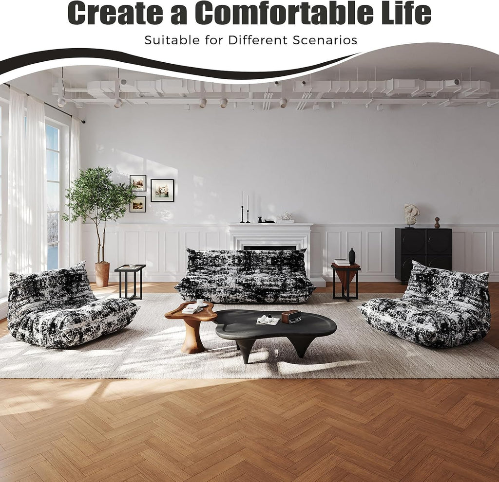3 Seat Oversized Bean Bag Chairs for Adults, Memory Foam Fireside Beanbag Couch, Comfy Bean Bag Lounger Lazy Sofa for Living Room, Bedroom, Playroom, Black Multi