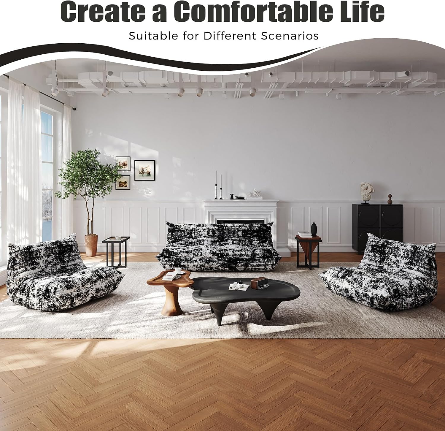 3 Seat Oversized Bean Bag Chairs for Adults, Memory Foam Fireside Beanbag Couch, Comfy Bean Bag Lounger Lazy Sofa for Living Room, Bedroom, Playroom, Black Multi