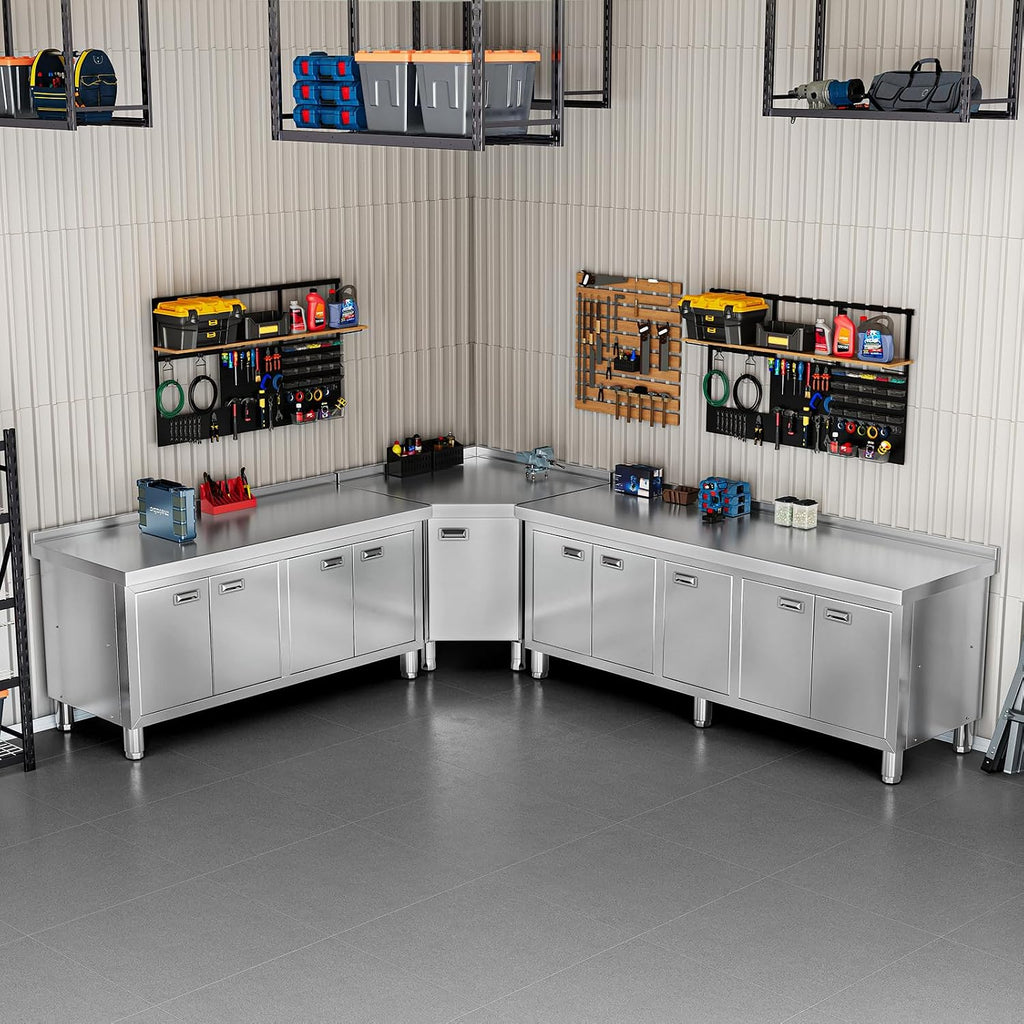 WWK 70' x 21' Stainless Steel Table with Cabinet, Commercial Kitchen Table for Prep & Work, Heavy Duty Work Cabinet with 5 Doors for Outdoor, Kitchen, Restaurant, Hotel, Garage and Cafe