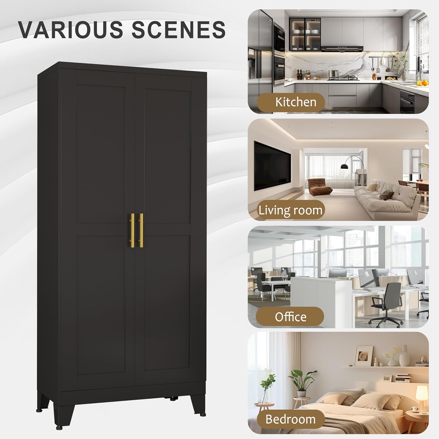 pozdeg Metal Storage Cabinet - 61' Tall Steel File Cabinets with 2 Doors and 3 Adjustable Shelves Versatile Storage Pantry Cabinet for Home Office Warehouse Garage or Outdoor (Black)