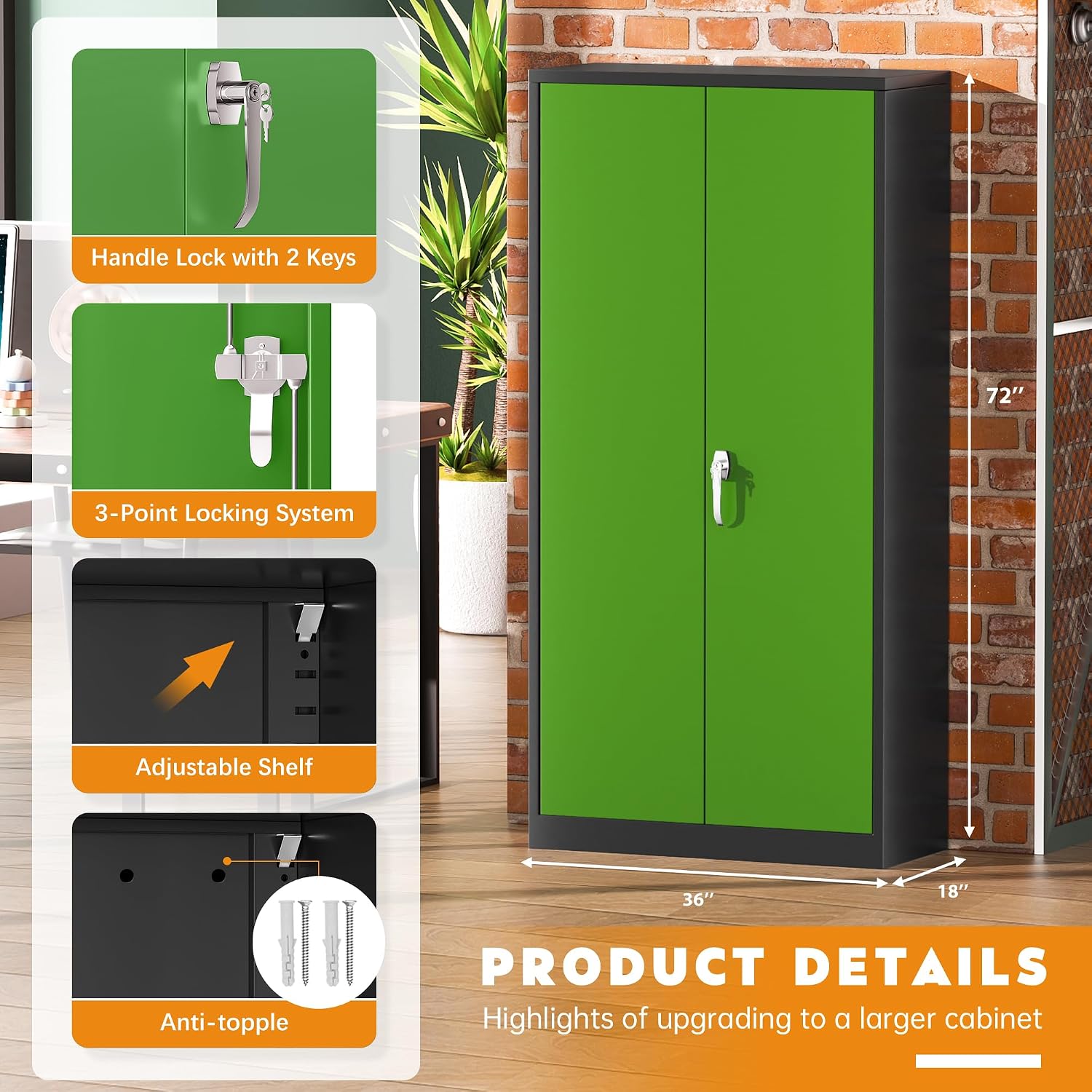 Greenvelly Metal Garage Storage Cabinet with 2 Doors and 4 Adjustable Shelves, 72'H Steel Lockable Storage Cabinet,Tall Metal Cabinet Locking File Cabinet for Office,Home, Garage, Gym, School