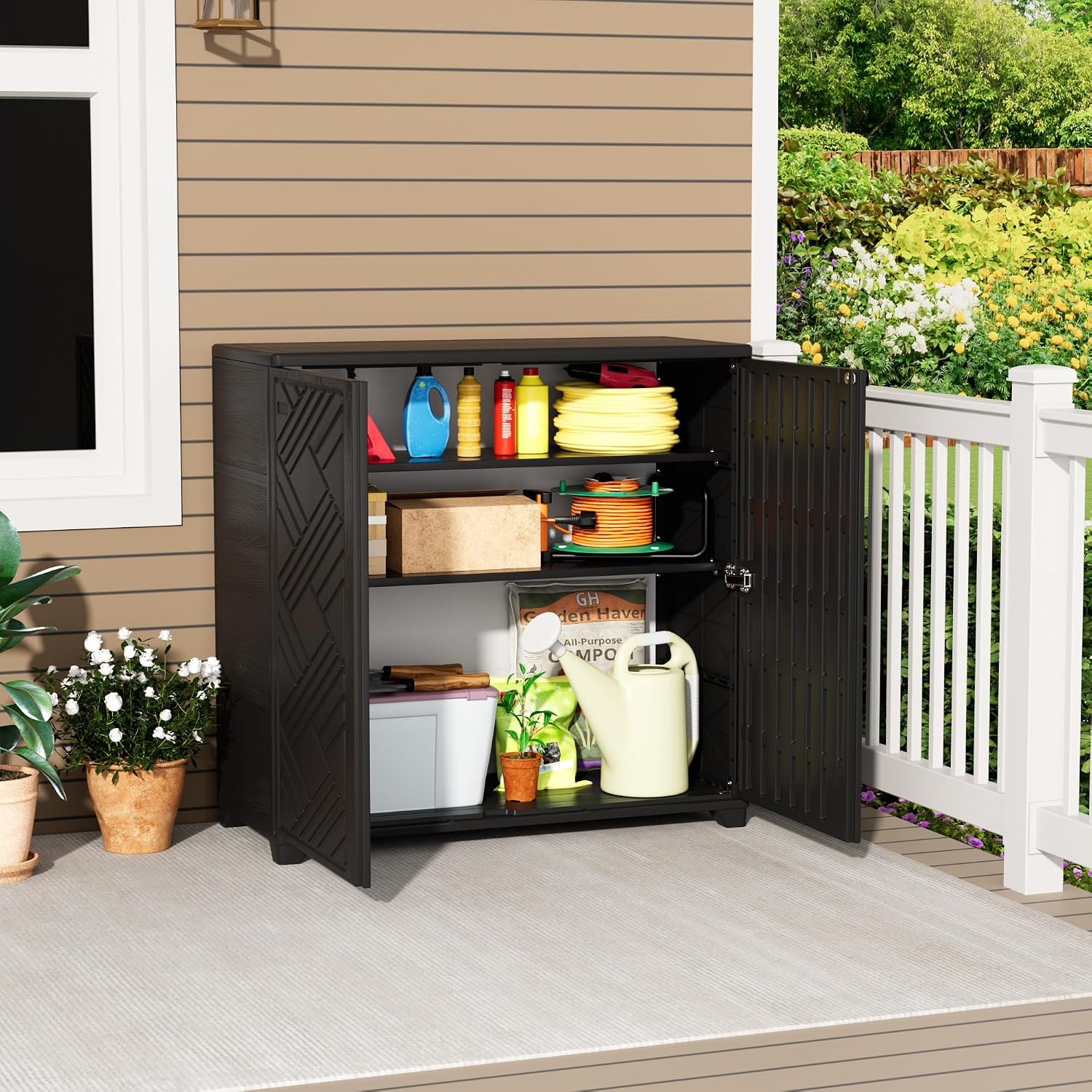 Mrosaa Outdoor/Indoor Storage Box,Resin and Plastic Storage Cabinet Waterproof,Outdoor Cabinet for Patio/Garden/Balcony/Backyard/All Room(with 2 Shelves)-Black
