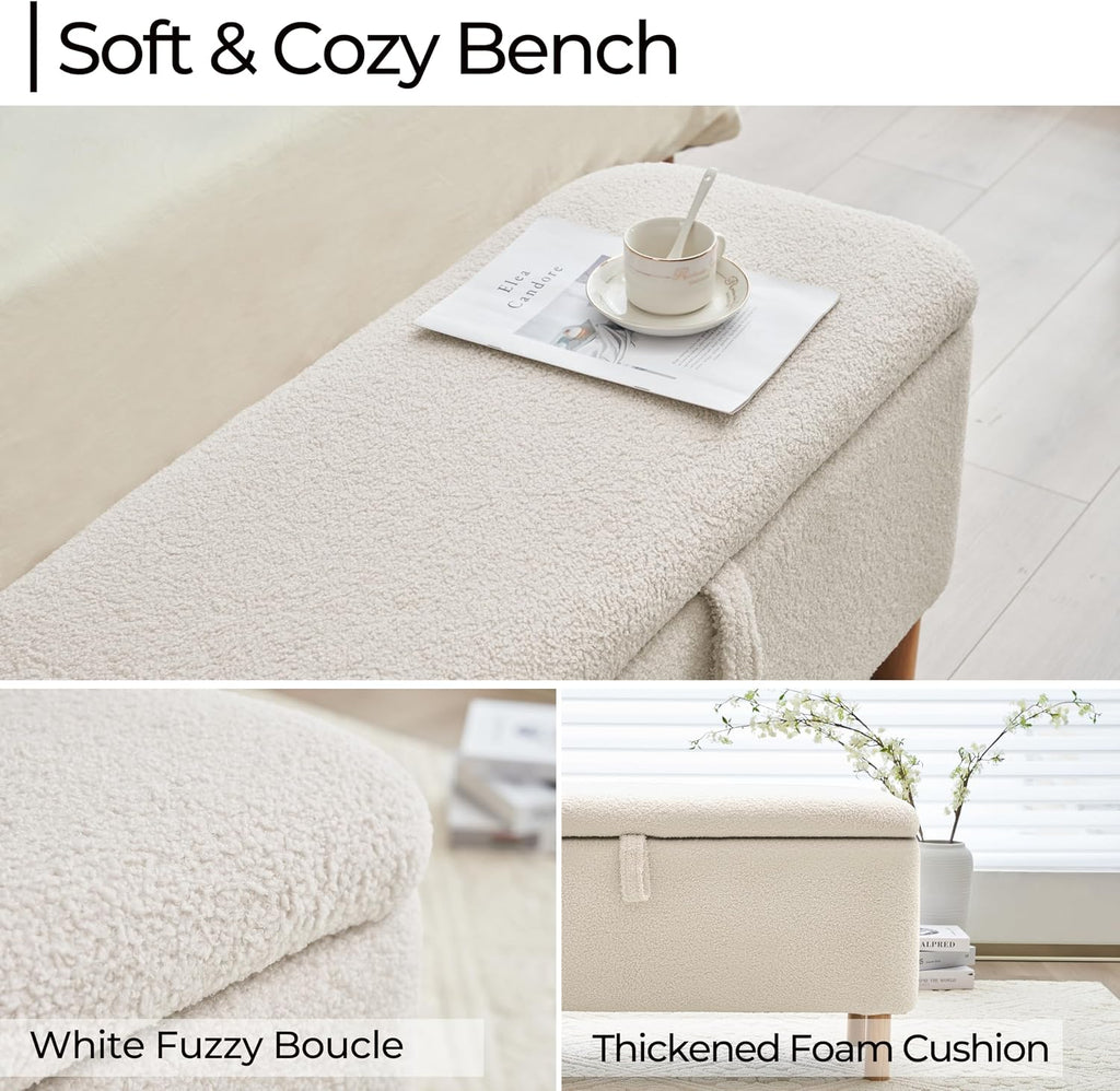 Boucle Storage Ottoman Bench for Bedroom end of Bed, Sherpa Upholstered Shoe Seat Storage Bench for Entryway Bed Foot, Rectangle Cushion Padded Blanket Chest Cute for Living Room, White