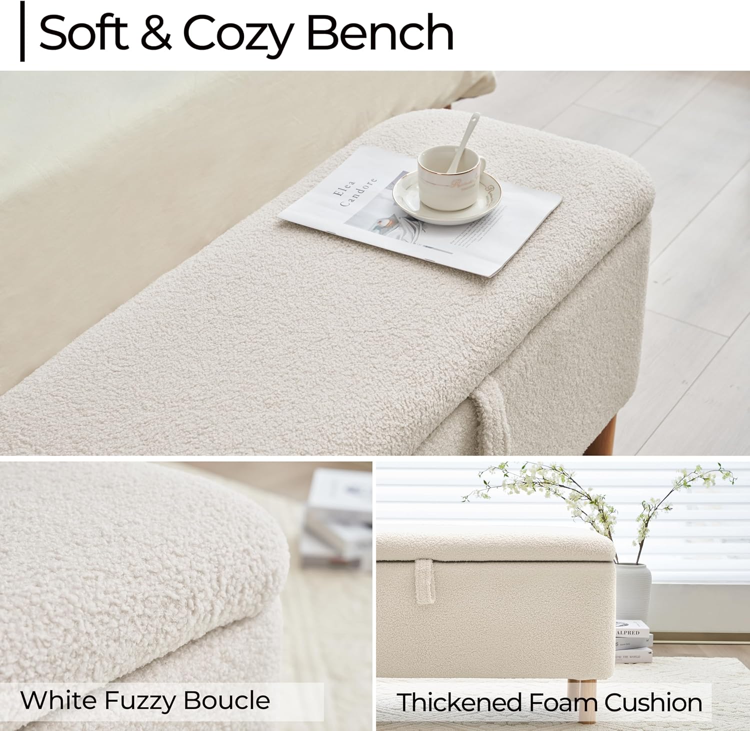 Boucle Storage Ottoman Bench for Bedroom end of Bed, Sherpa Upholstered Shoe Seat Storage Bench for Entryway Bed Foot, Rectangle Cushion Padded Blanket Chest Cute for Living Room, White
