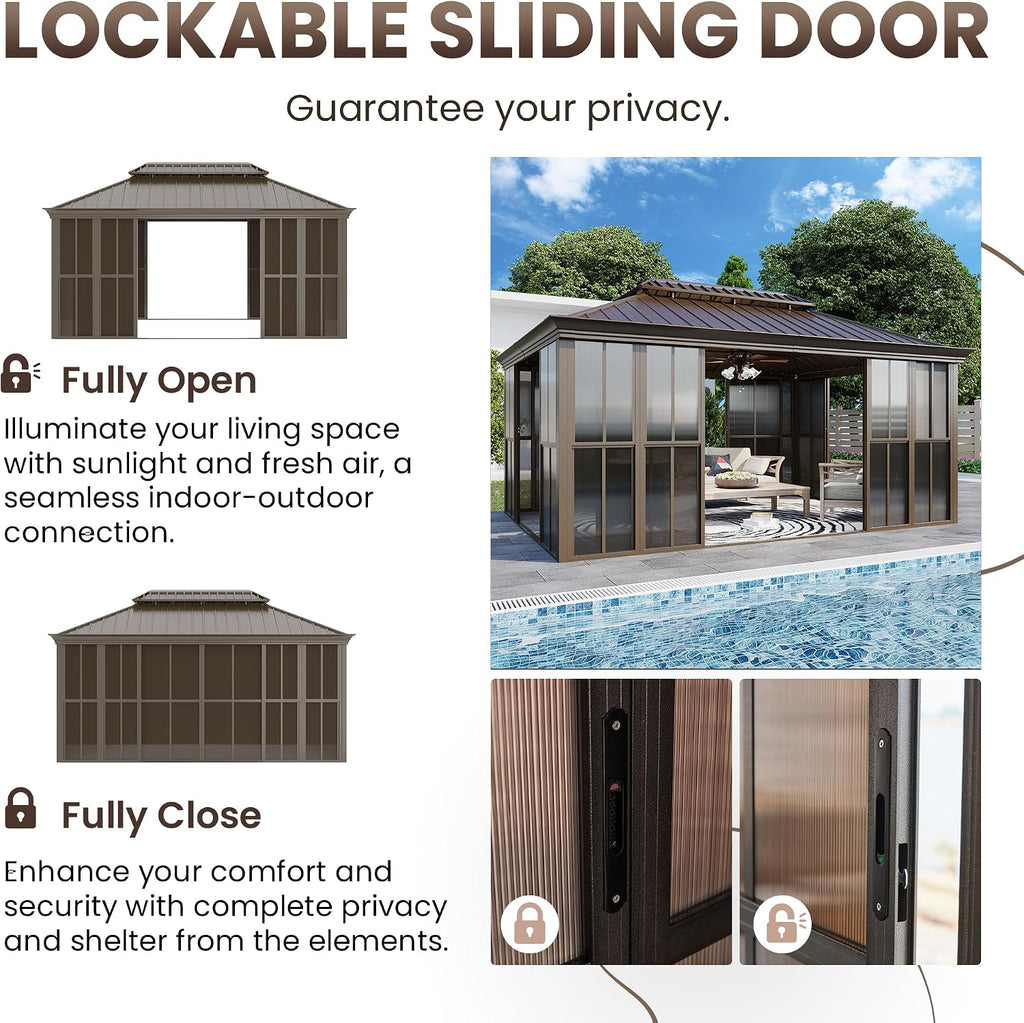 EROMMY 12' X 16' Hardtop Sunroom, Galvanized Steel Double Roof Gazebo Solarium with Detachable Windows & Lockable Doors, All-Weather Sun Room for Patio Deck Backyard