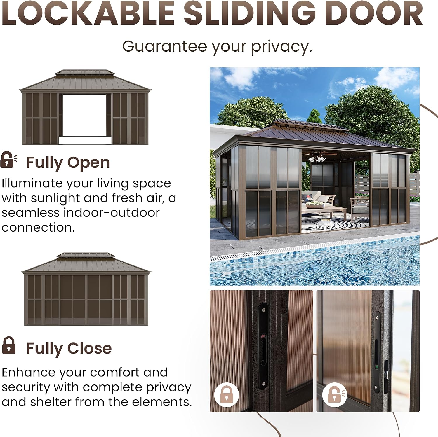 EROMMY 12' X 16' Hardtop Sunroom, Galvanized Steel Double Roof Gazebo Solarium with Detachable Windows & Lockable Doors, All-Weather Sun Room for Patio Deck Backyard