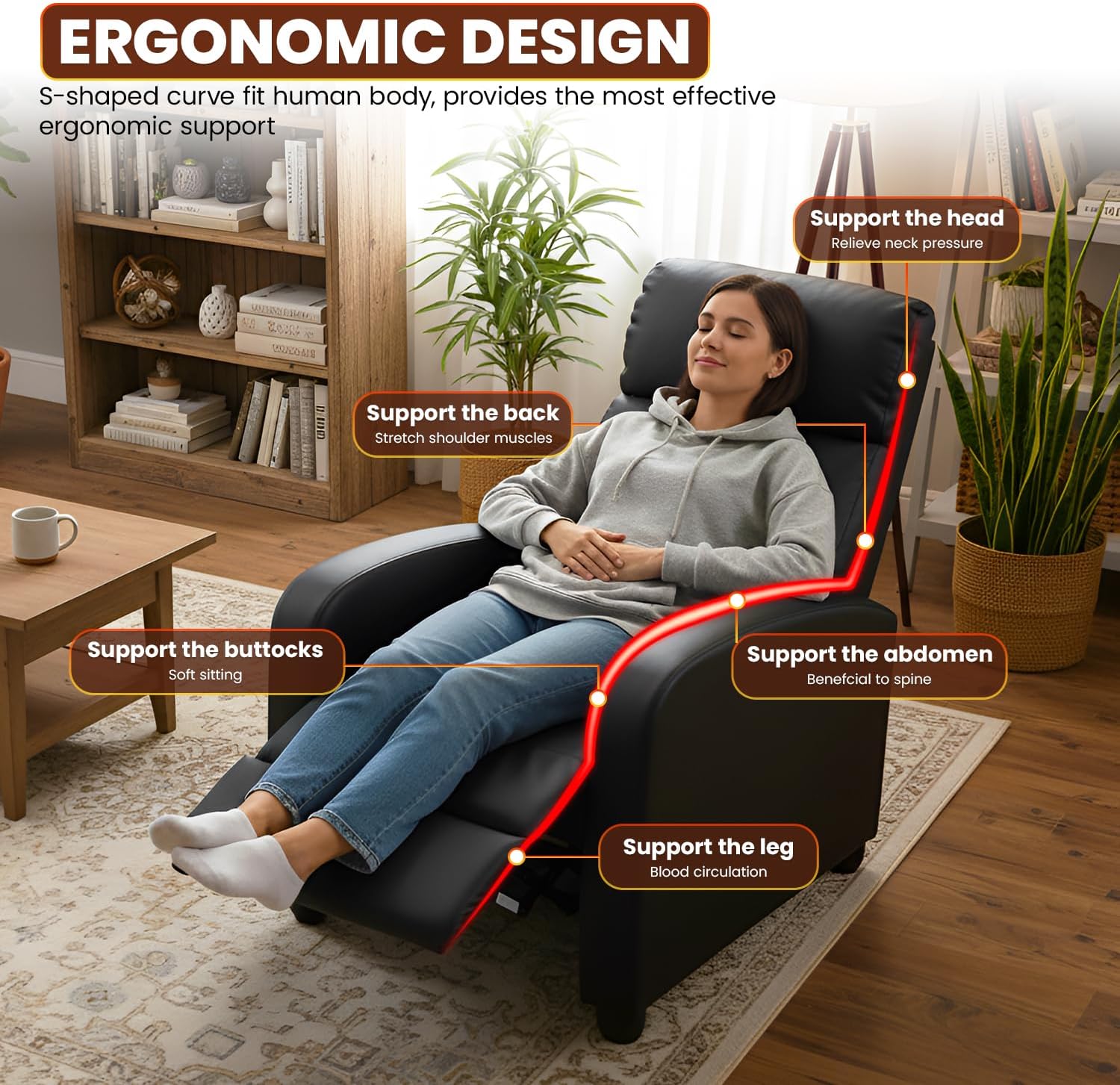 BestMassage Recliner Chair with Adjustable Backrest & Footrest, PU Leather Armchair with Lumbar Support for Living Room, Home Theater, Bedroom (Dark Black)