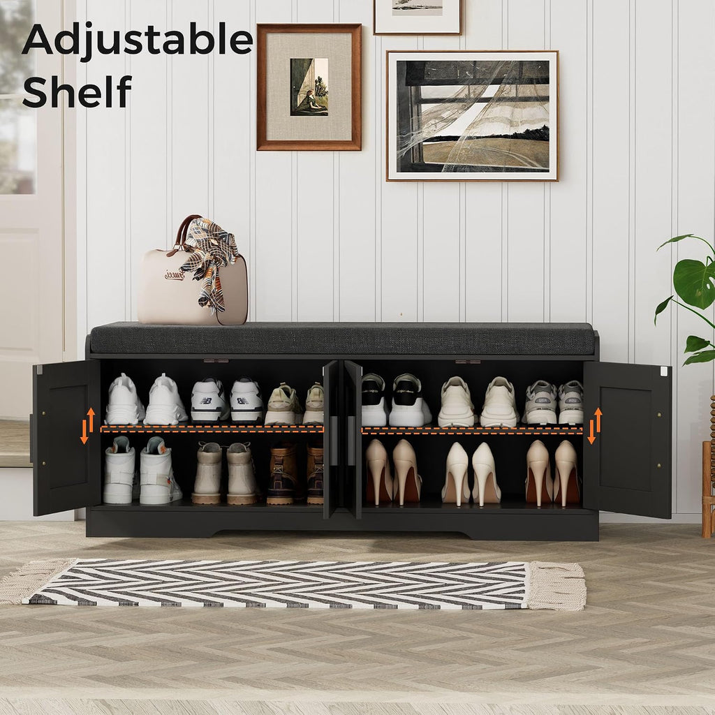 Homleke 2-Tier Storage Bench, Shoe Bench with Thickened Padded Seat Cushion, Entryway Bench with 4 Doors, Adjustable Shelf, 13.8' D x 45.3' W x 18.5' H, for Entryway, Living Room, Bedroom, Black