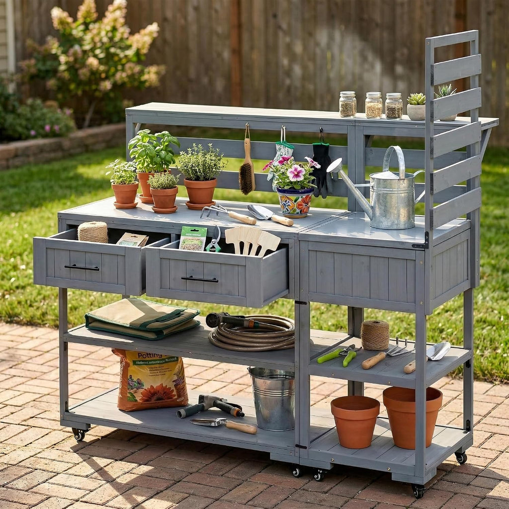 62.3'' Patio Kitchen Island, Solid Wood Kitchen Cart with Stainless Table Top, Garden Potting Bench with Raised Shelf and Drawers, Grill Prep Table for BBQ, Party (Gray-62.3'')