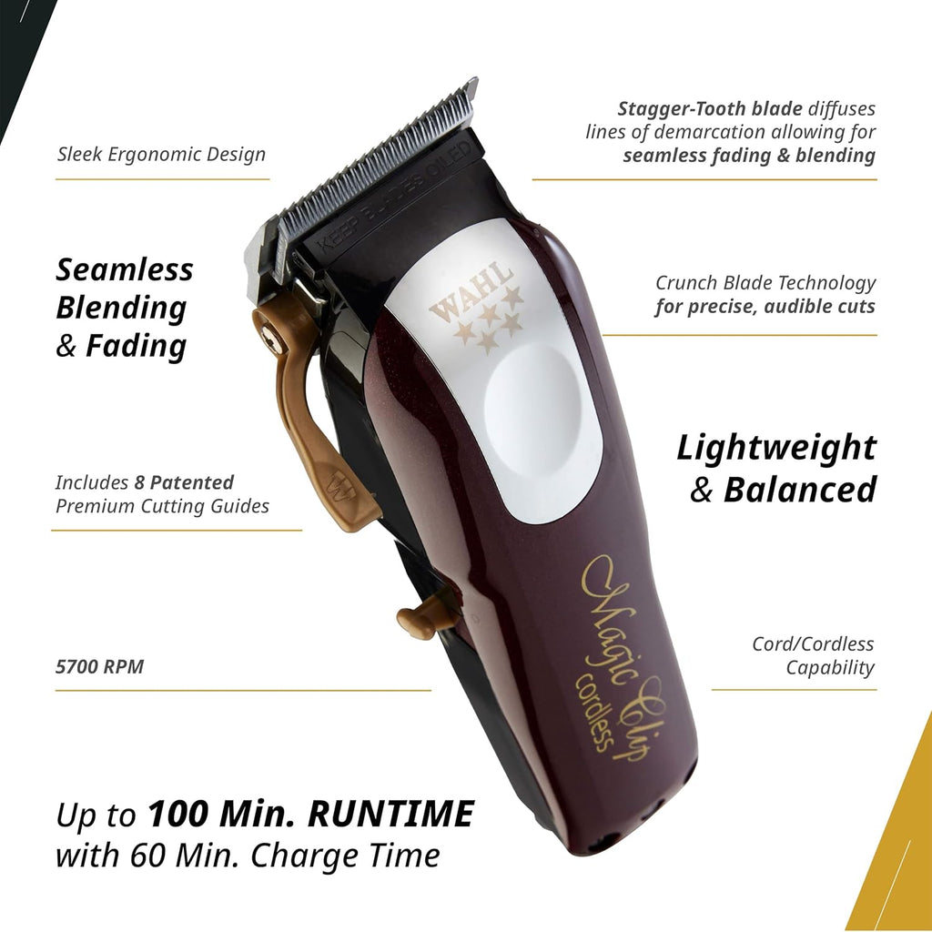 Wahl Professional 5 Star Series Magic Clip Cordless Hair Clipper, Stagger-Tooth Blade Professional Hair Trimmer with Attachments, 100+ Minute Run Time