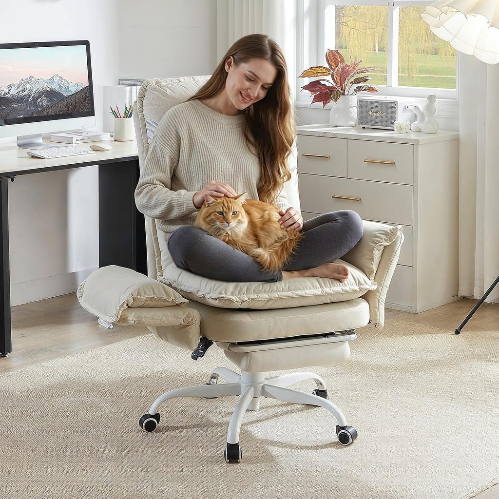 Bestier Criss Cross Office Chair with Flip-Up Armrests, High Back Executive Chair with Footrest & Wheels, Cross Legged Desk Chair for Home Office, Beige Velvet