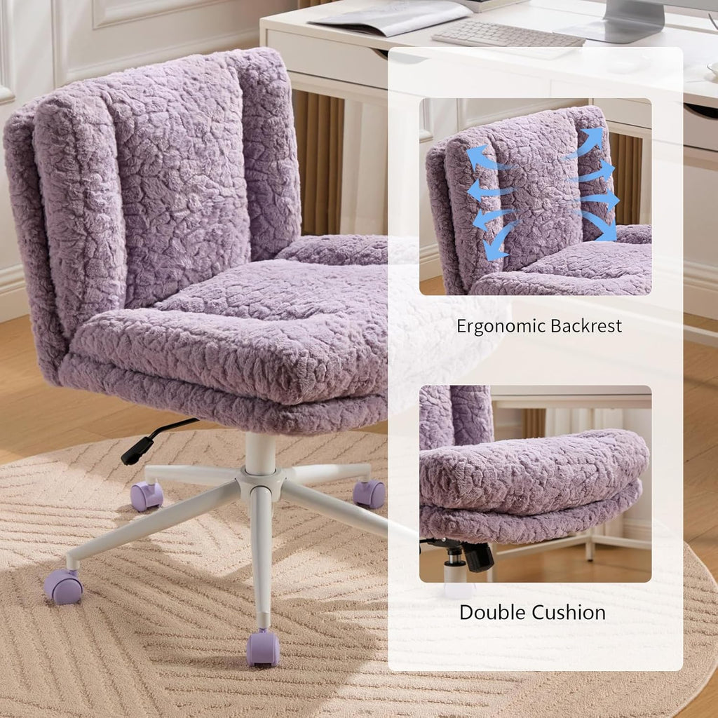 Shenyon Criss Cross Chair with Wheels, Wide Cross Legged Office Chair with 2 Layer Cushions & Back, Adjustable Swivel Home Office Chair, Comfy Faux Fur Makeup Vanity Chair for Girls Women, Violet