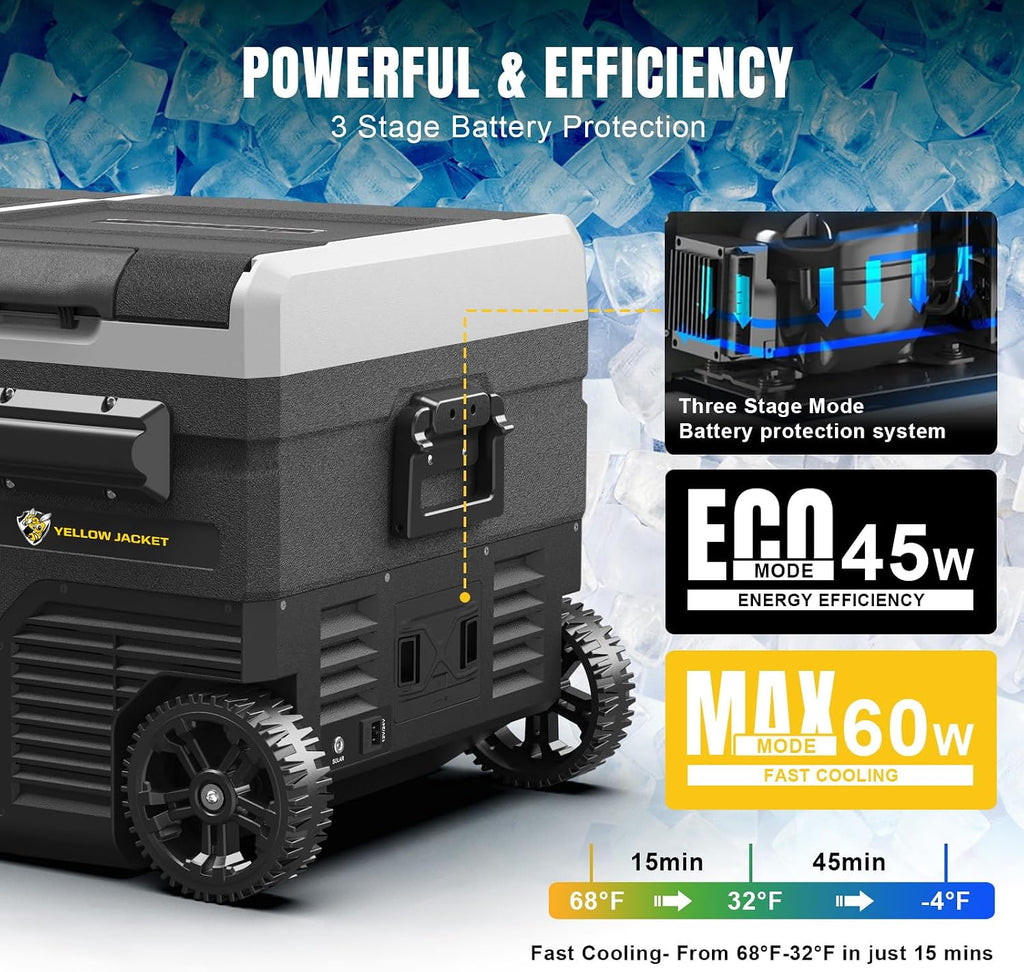 YELLOW JACKET Car Refrigerator 76 Quart Portable Freezer Cooler with Wheels Dual Zone Independent Control 12Volt Car Fridge for Outdoor Camping Travel,12/24V DC 110~240 V AC Refrigerator for Home,RV
