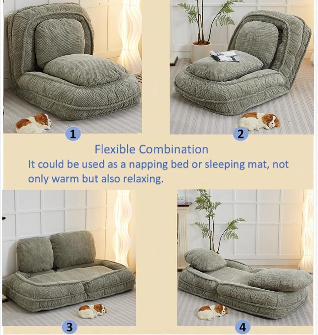 Floor Chair with Back Support, Folding Sofa Chair with 5 Adjustable Position, Plush Floor Gaming Chair, Meditation Chair for Lazy Boys, Human Dog Bed for Living Room, Bedroom, Lounge, Green
