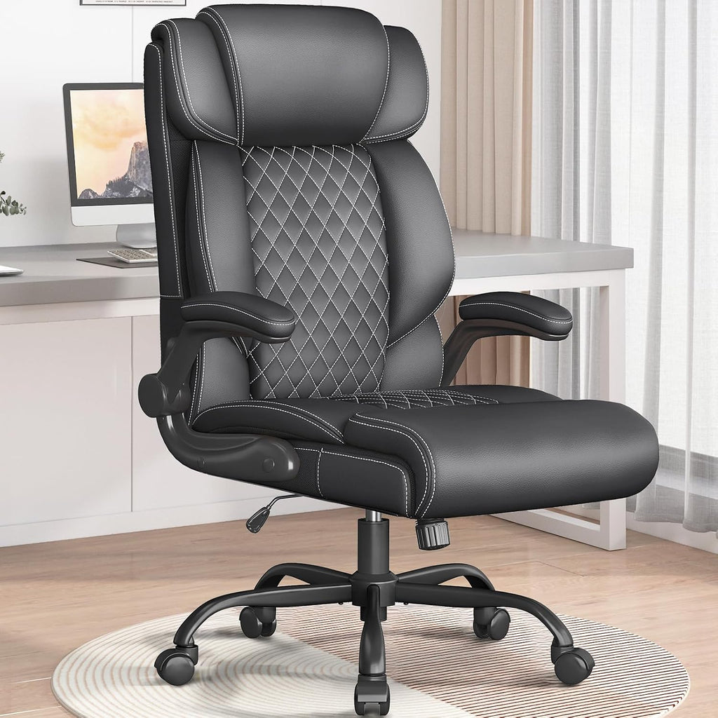 Office Chair-Executive High Back Breathable Comfy Desk Chair with Flip-up Armrests Lumbar Support-Ergonomic Leather Rolling Swivel Chair with Rock Function for Working,2 Pack