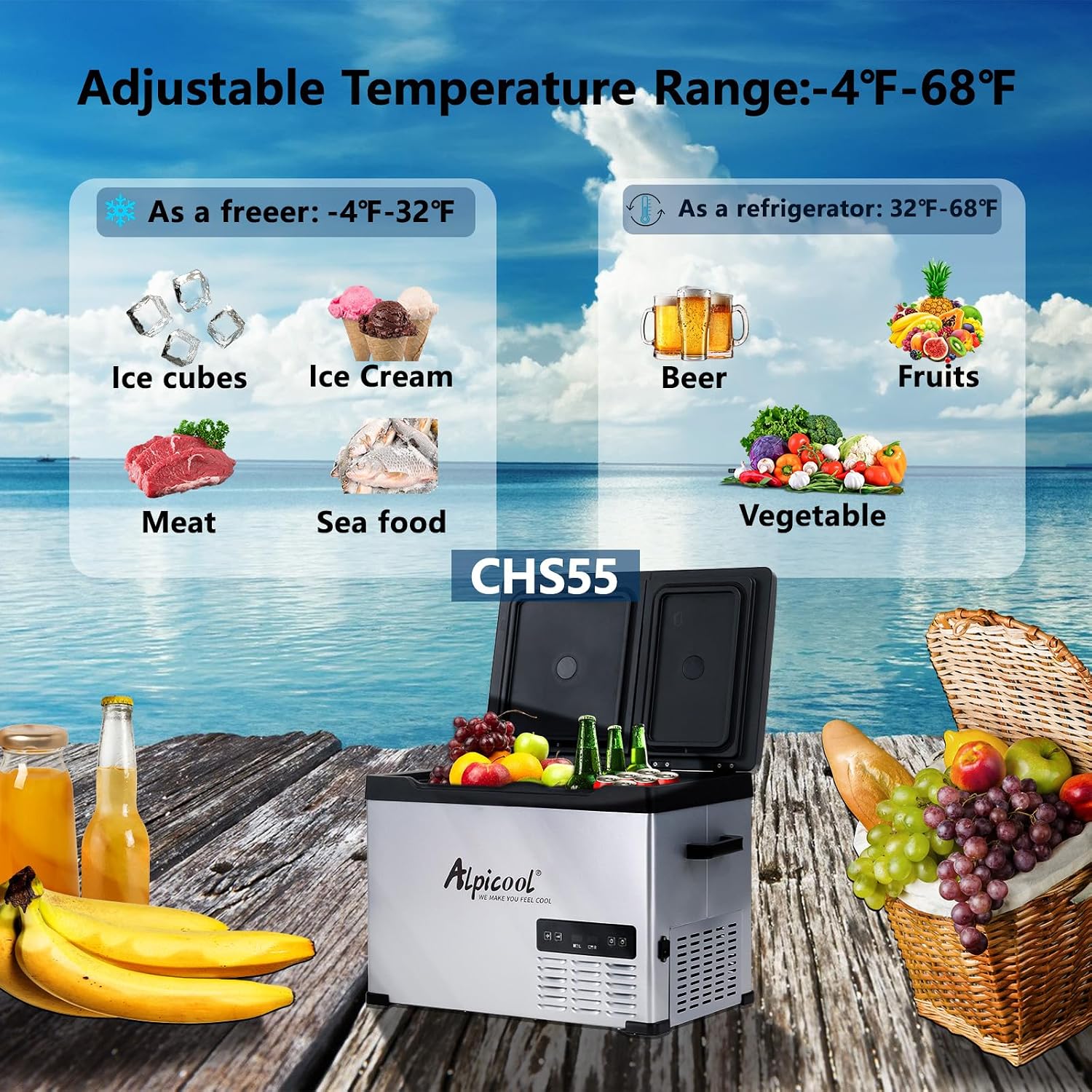 Alpicool CHS55 Dual Temperature Control 12 Volt Refrigerator 42 Quart Portable Car Fridge Freezer (-4°F~68°F) for Truck,RV,Camping and Travel