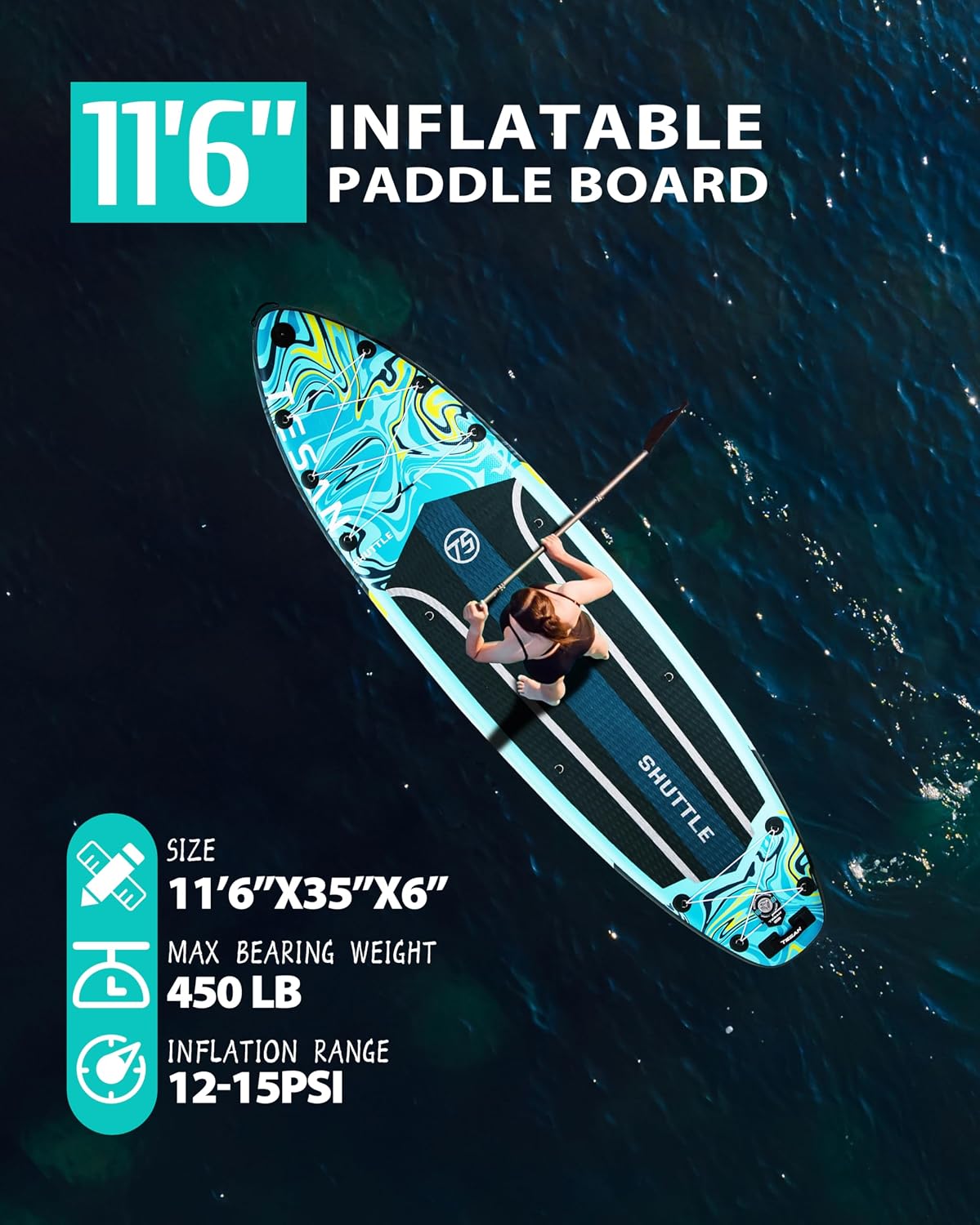 11'6x35'' Extra Wide Inflatable Paddle Board,All-Round Ultra Stable Stand Up Paddleboards with Plus Kits for 450lb,Dual Bungees, Camera Mount, 100L Backpack, Dual-Action Pump