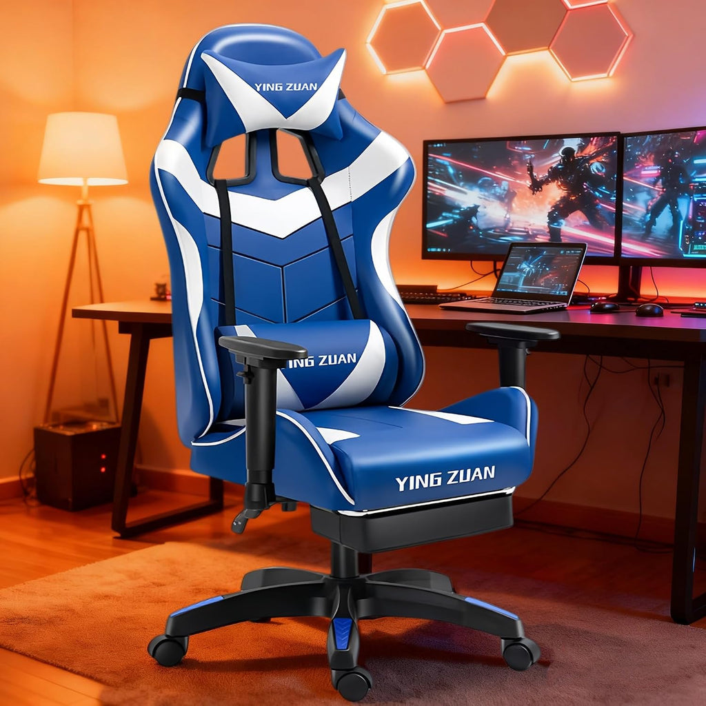 Video Gaming Chair with Speakers, PU Leather Office Chair with Massage Lumbar Pillow & Footrest, Latex Reclining Desk Chair with Adjustable Rotating Armrests for Adults(Blue)