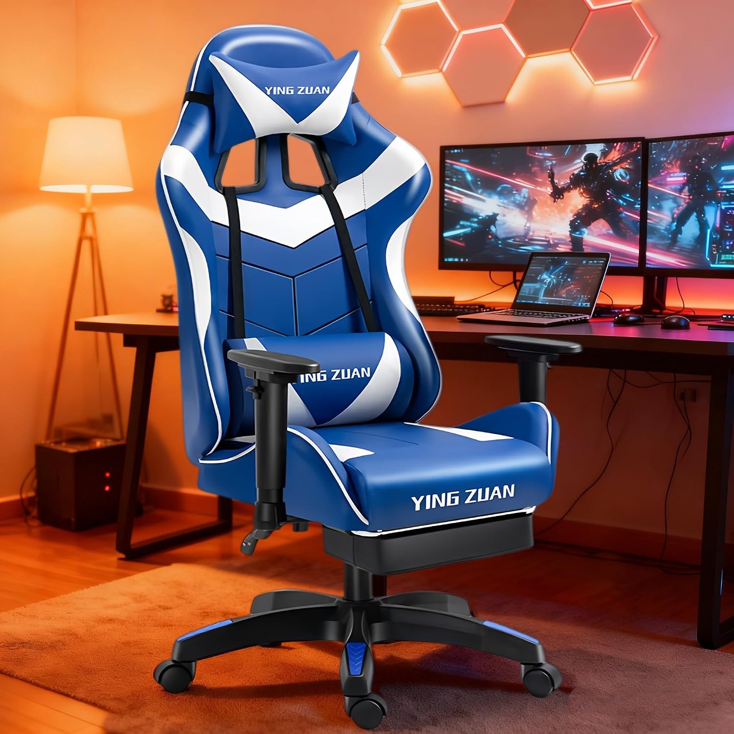 Video Gaming Chair with Speakers, PU Leather Office Chair with Massage Lumbar Pillow & Footrest, Latex Reclining Desk Chair with Adjustable Rotating Armrests for Adults(Blue)
