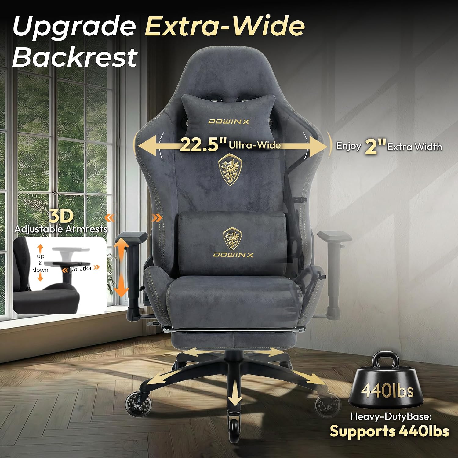 Dowinx Big and Tall Gaming Chair with Suede Fabric Breathable, Game Chairs for Adults with Oversized Thick Seat for 440lbs, Ergonomic Gamer Chair for Streaming & Long Gaming Sessions, Grey