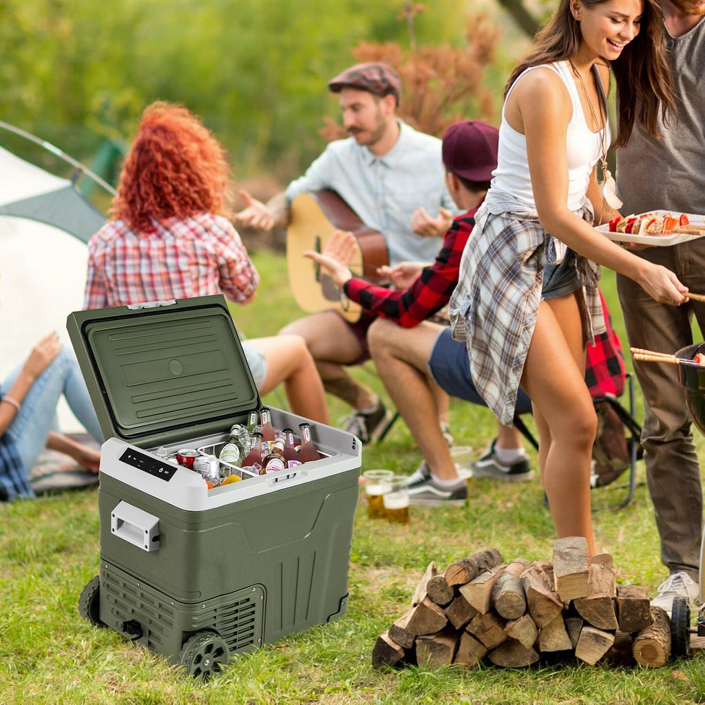 COSTWAY Car Refrigerator with Wheels, 53-Quart Electric Cooler, 12V/24V DC, 100-240V AC, -4°F To 68°F, Portable Car Fridge Freezer with Pull Handle & 2 Wheels for RV Camping, Black
