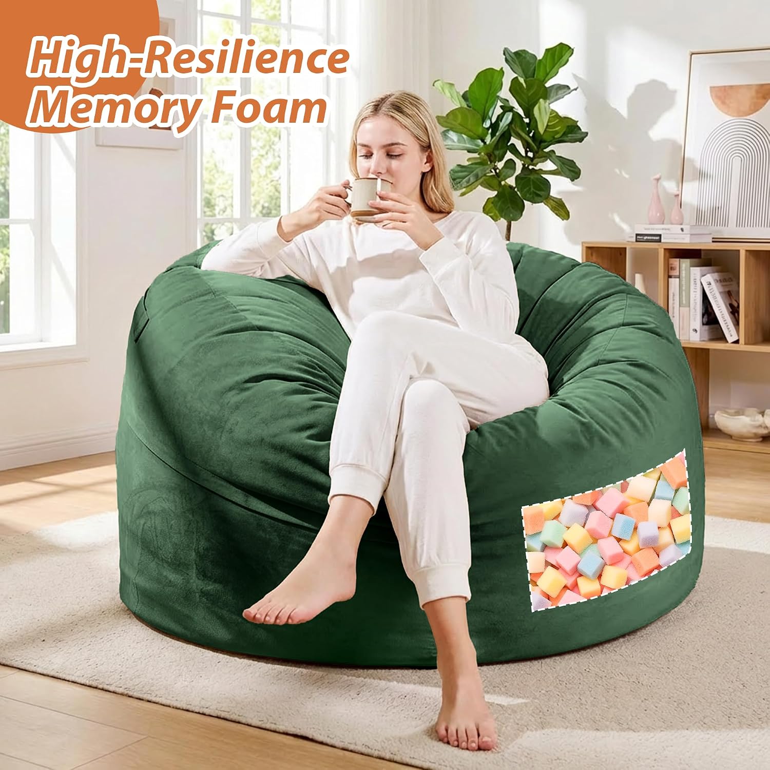 4FT Bean Bag Chair, Bean Bag Chairs for Adults and Kids, Fluffy and Comfy Bean Bag with Velvet Cover, Bean Bag with Memory Foam Filled for Gaming, Living Room, Playroom (Green)