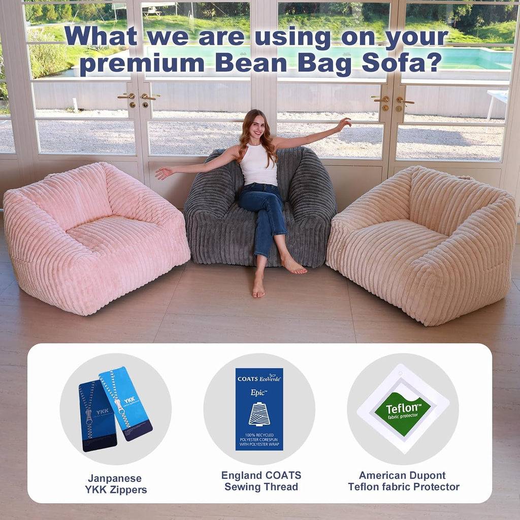 Bean Bag Chair with Memory Foam Filling- Large Stuffable Soft Giant Beanbag Reading Chair, Adults Lounge Gaming Lazy Sofa Bed for Living Room Bedroom- Pink,Stripe Fur