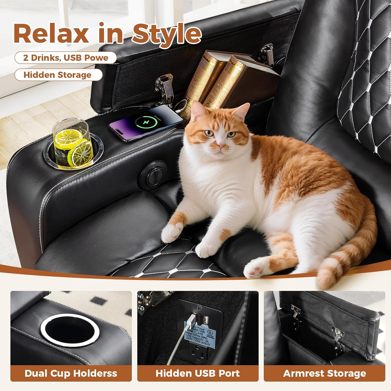 ANJ Power Recliner Chair Set of 4, Electric Soft Faux Leather Reclining Home Theater Seating - USB Ports, Cup Holders, Hidden Arm Storage Movie & Media Room Chairs (Black)