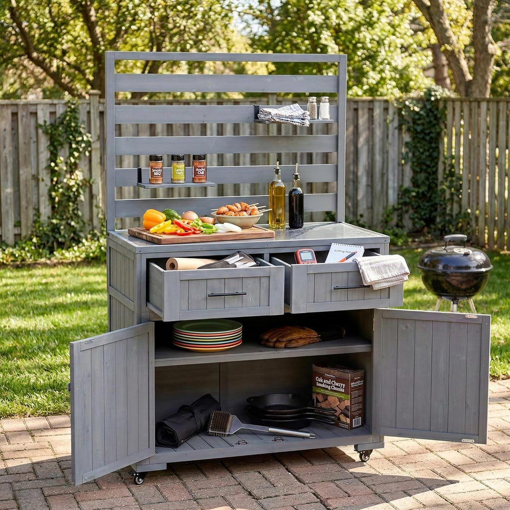 64.9'' H Large Patio Kitchen Island Solid Wood Kitchen Cart, Grill Prep BBQ Table, Garden Potting Bench with Stainless Table Top, 3 Movable Shelves and 2 Drawers (Gray-64.9'')