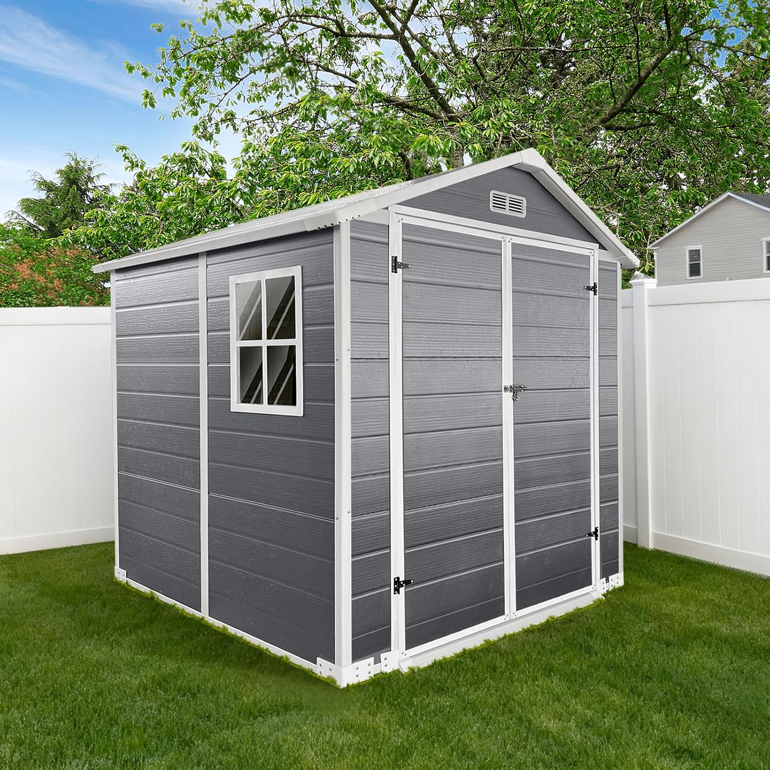 KEIKI 6x6 FT Plastic Outdoor Storage Shed, Outdoor Garden Shed with Floor & Lockable Door, Tool Shed for Backyard, Lawn, Grey