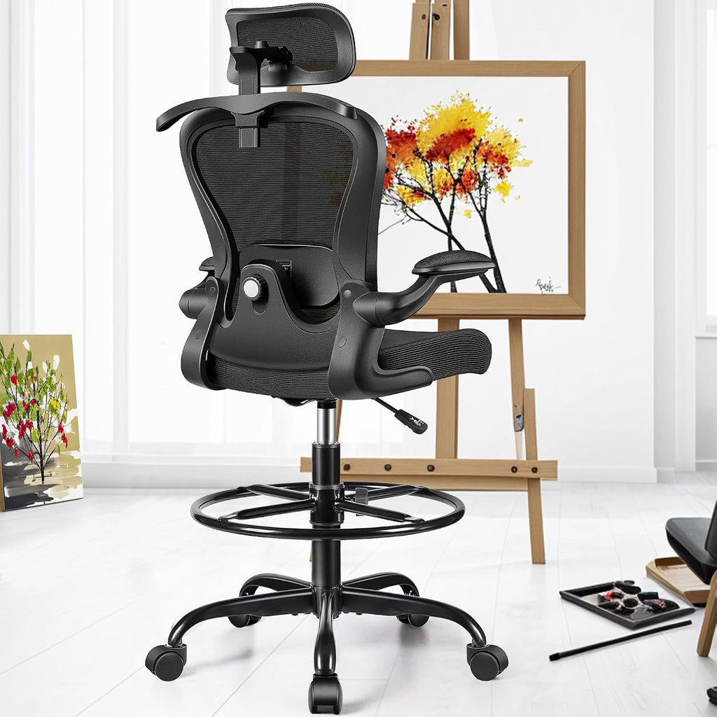 Drafting Chair, Tall Office Chair with 3D Lumbar & Head Support, Ergonomic Mesh Standing Desk Chair with Footring, Comfy Extended High Desk Chair with Flip-Up Arms & Hanger,Black