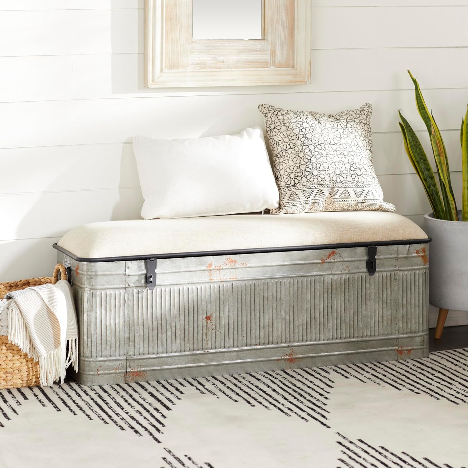 Deco 79 Metal Room Storage Bench Galvanized Entryway Bench with Cream Burlap Top, Bench 50' x 16' x 18', Gray