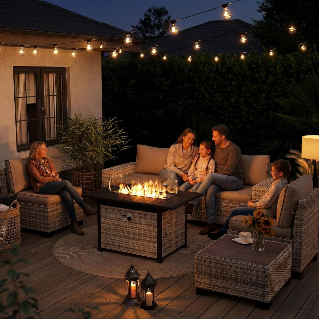 7PCS Outdoor Patio Furniture Set with 55,000 BTU Fire Pit Table, PE Wicker Rattan Sectional Sofa Patio Conversation Set with Thickened Cushions & Coffee Table for Garden, Navy Blue