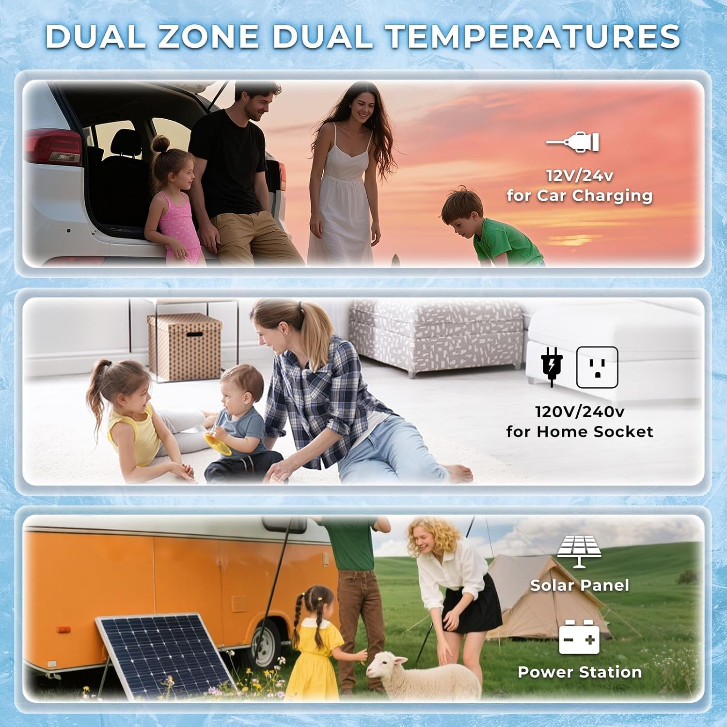 AS 12 Volt Refrigerator, 42QT(40L) Dual Temperature Zone Electric Cooler with Wheels, Portable Freezer 12V/24V DC 110-240V AC, -4℉-68℉ Car Fridge for Car, Marine, Home, Outdoor, etc
