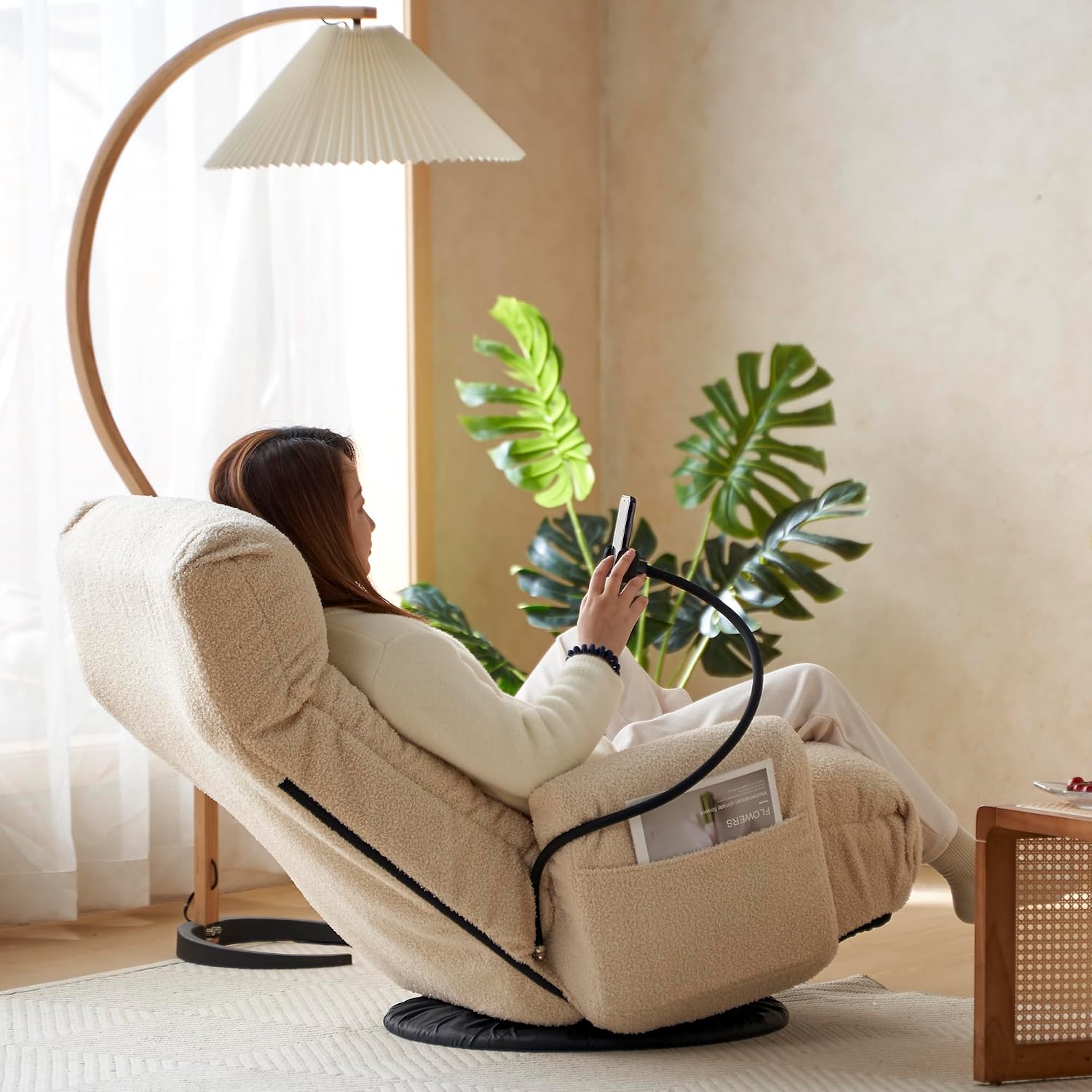 360° Swivel Floor Gaming Chair with 5 Position Adjustable, Folding Gaming Sofas with Phone Holder & Pockets, Cushion Padded Chaise Lounge Chair for Adults, Home Office Floor Leisure Chairs, Beige