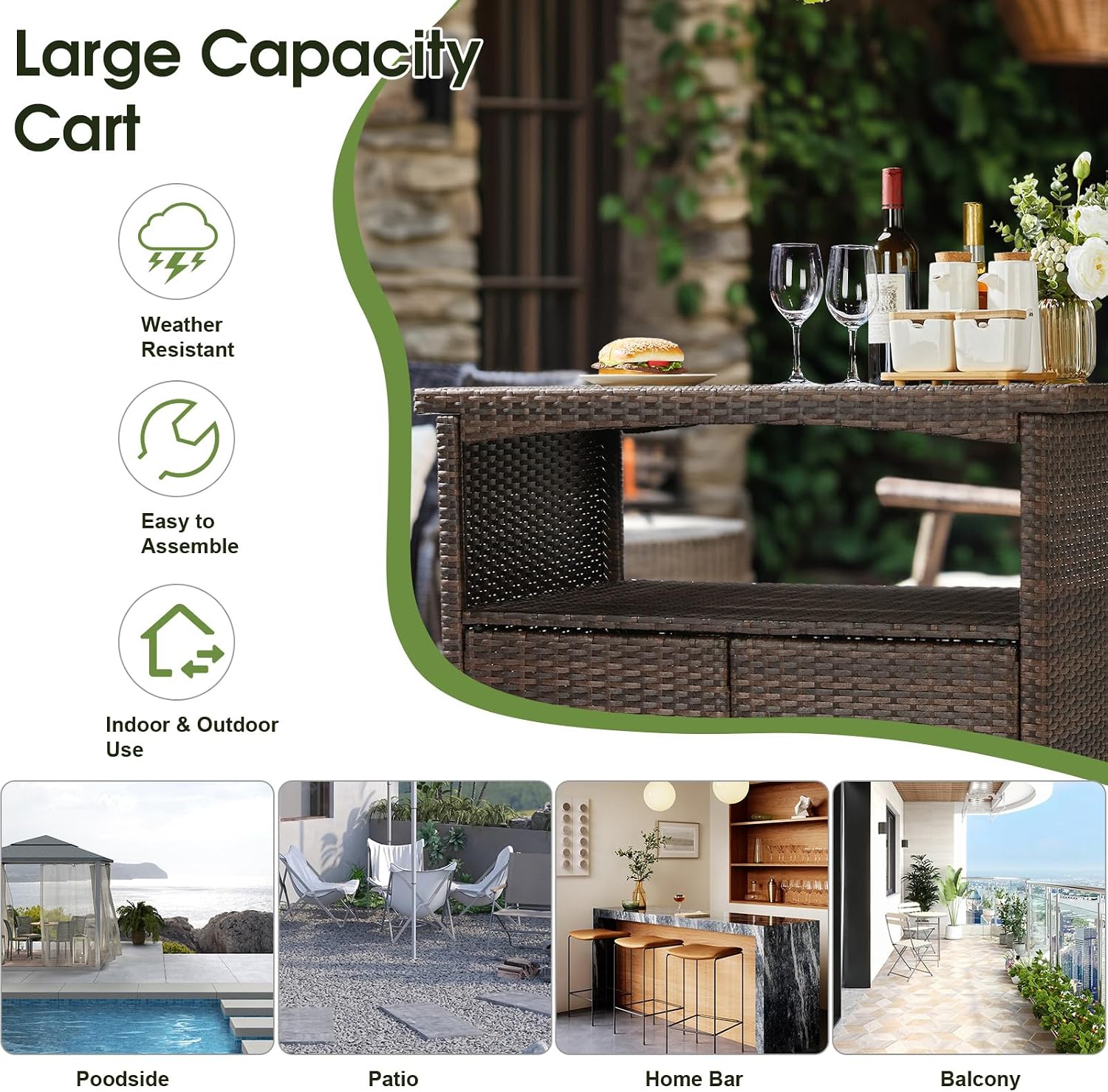 Outvita Patio Bar Table, Weatherproof Buffet Cabinet Wicker Outdoor Storage Cart with 2 Doors & Shelves Wooden Tabletop for Tableware Wine Bottle and Glass, Towels, and Potting Supplies
